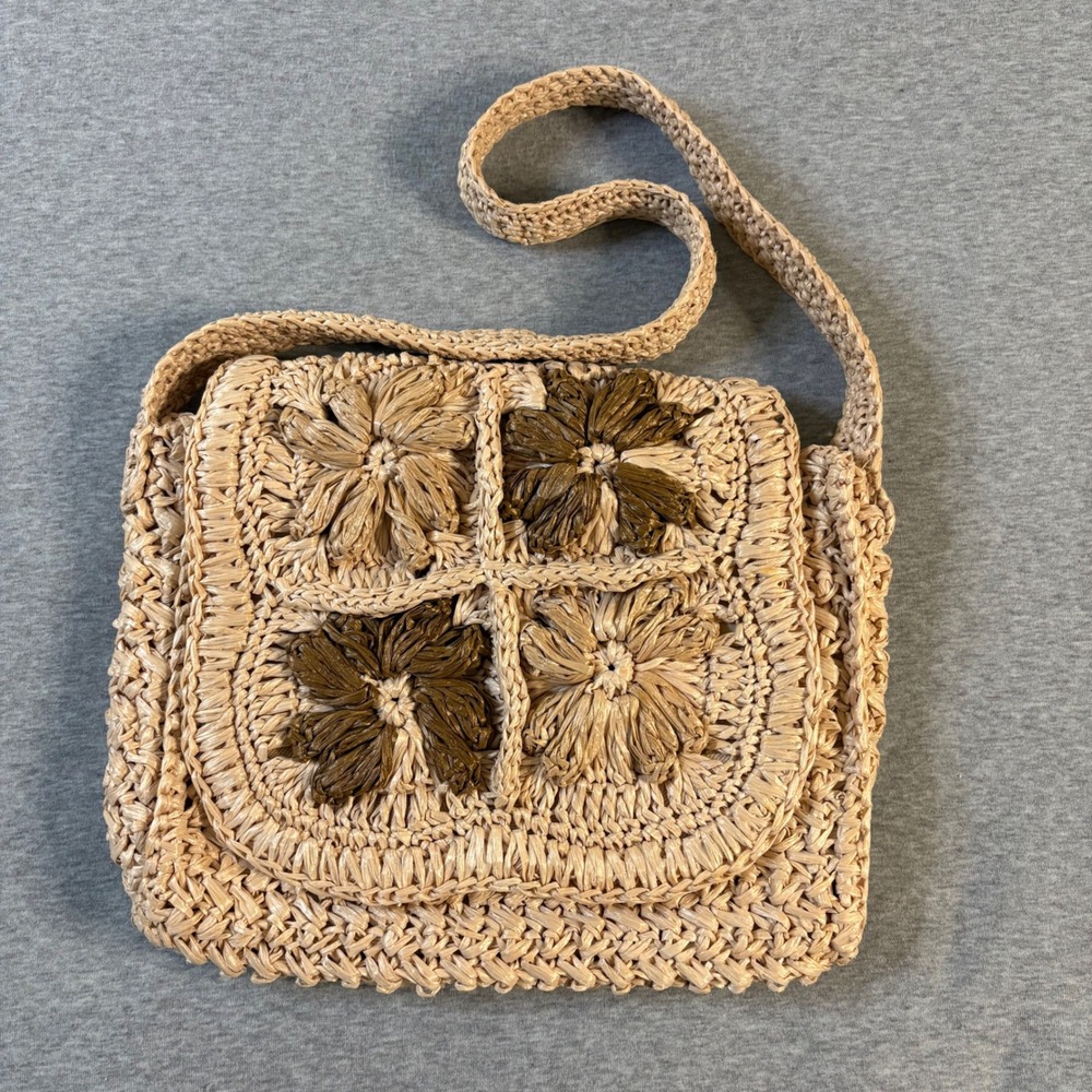 Vintage Walborg Handmade‎ Japan Raffia Straw Floral Woven Shoulder Bag Beige